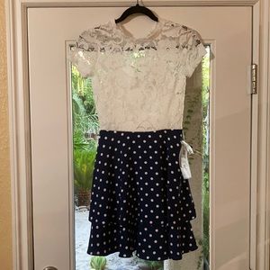B Darlin crochet and polka dot tiered dress